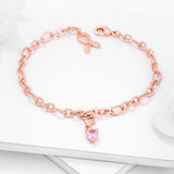 Rose Gold Plated Breast Cancer Awareness Ribbon and Heart Charm Bracelet