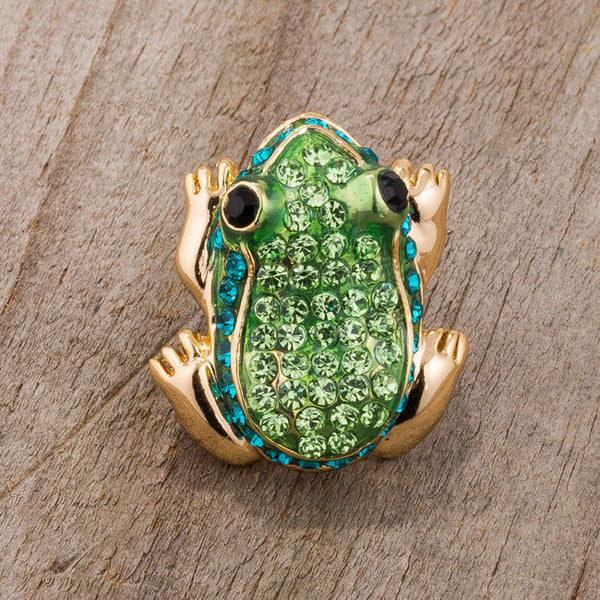 Green And Gold Tone Frog Brooch With Crystals