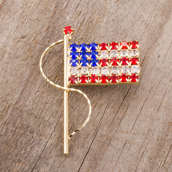 Gold Tone USA Flag Brooch With Crystals