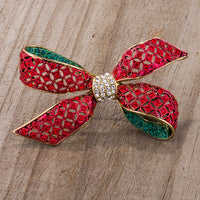 Red And Green Bow Brooch With Crystals