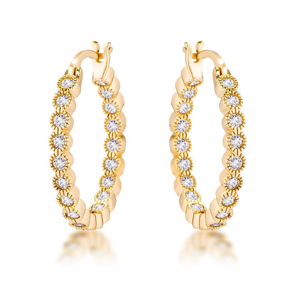 Gold Plated Dotted Clear CZ Round Bezel Hoop Earrings