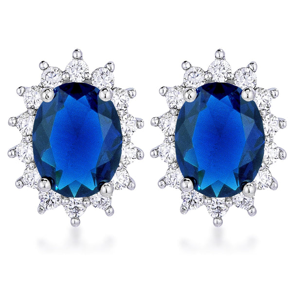 Rhodium Plated Sapphire Blue Petite Royal Oval Earrings