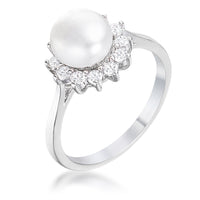 .36Ct Rhodium Plated Freshwater Pearl and CZ Halo Ring