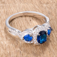 1.43Ct Rhodium & Hematite Plated Sapphire Blue & Clear CZ Three Stone Twisted  Ring