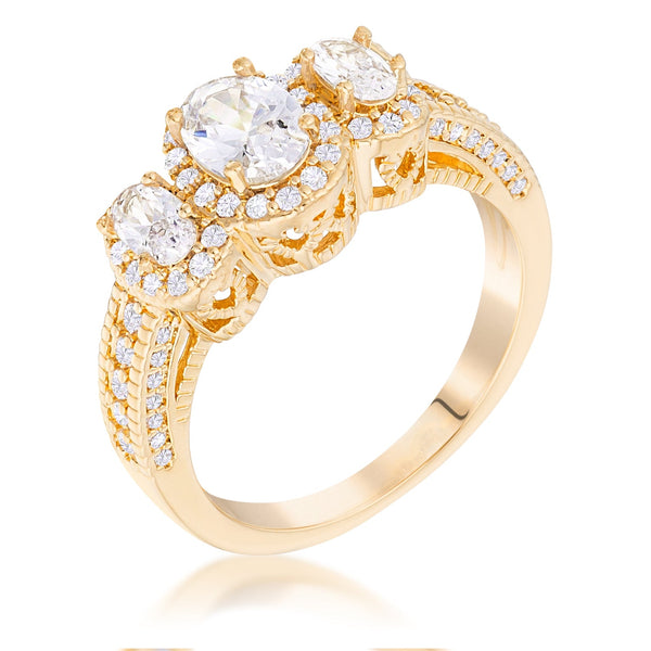 Gold Plated 3-Stone Clear Oval Cut CZ Halo Ring