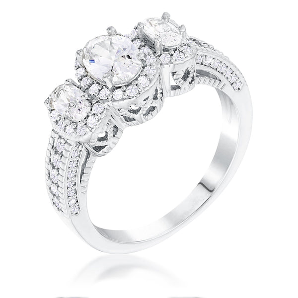 Rhodium Plated 3-Stone Clear Oval Cut CZ Halo Ring