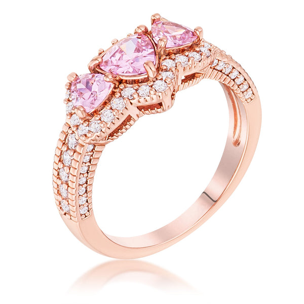 Rose Gold Plated 3-Stone Trillion Cut Pink CZ Halo Pave Ring